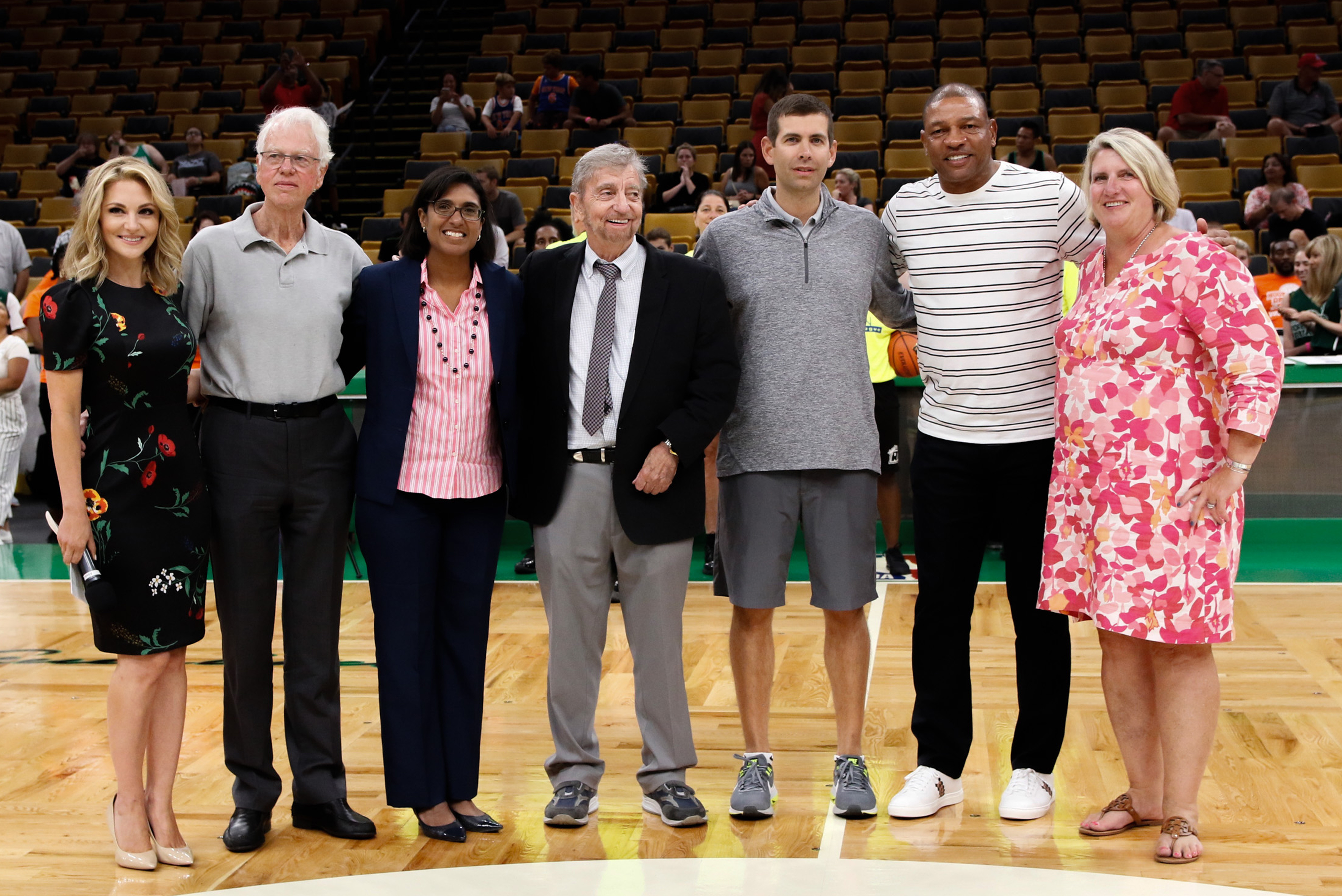 ABCD thanks the dedicated and talented team that once again brought HOOP DREAMS to TD Garden on September 4 when corporate teams battled it out on in a basketball tournament to support ABCD Youth Services. (l-r) Danielle Trotta, NBC Sports Boston; Bob Ryan, Sharon Scott-Chandler, John Drew, Brad Stevens, Doc Rivers and Amy Latimer.